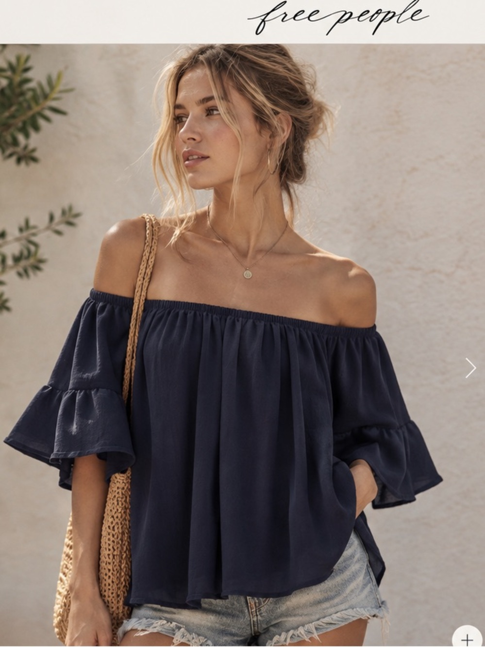 Free People Navy Off-The-Shoulder Ruffle Sleeve Tunic